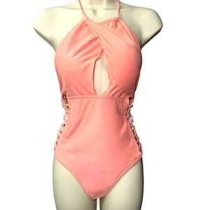 Cupshe Halter One Piece‎ Swimsuit Light Pink Criss Cross Lace Up Cut Out Small